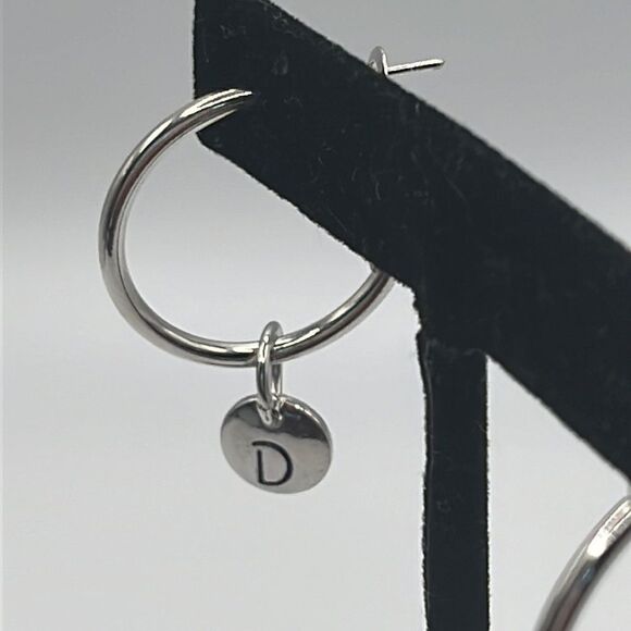 Choice of Silver-tone 1-in Hoops with Dangling Initial Charm (A-Z) - Picture 3 of 11